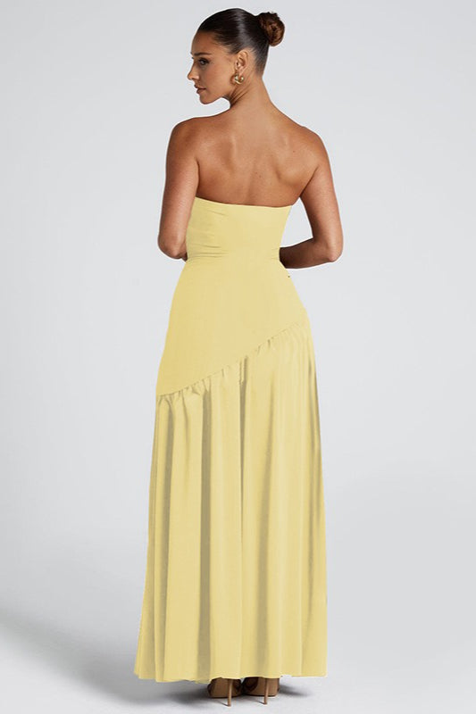 Strapless Bandeau Diagonal Seam Pleated Tier Maxi Gown