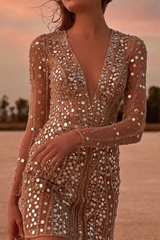 Sequin Deep V-Neck Midi Dress