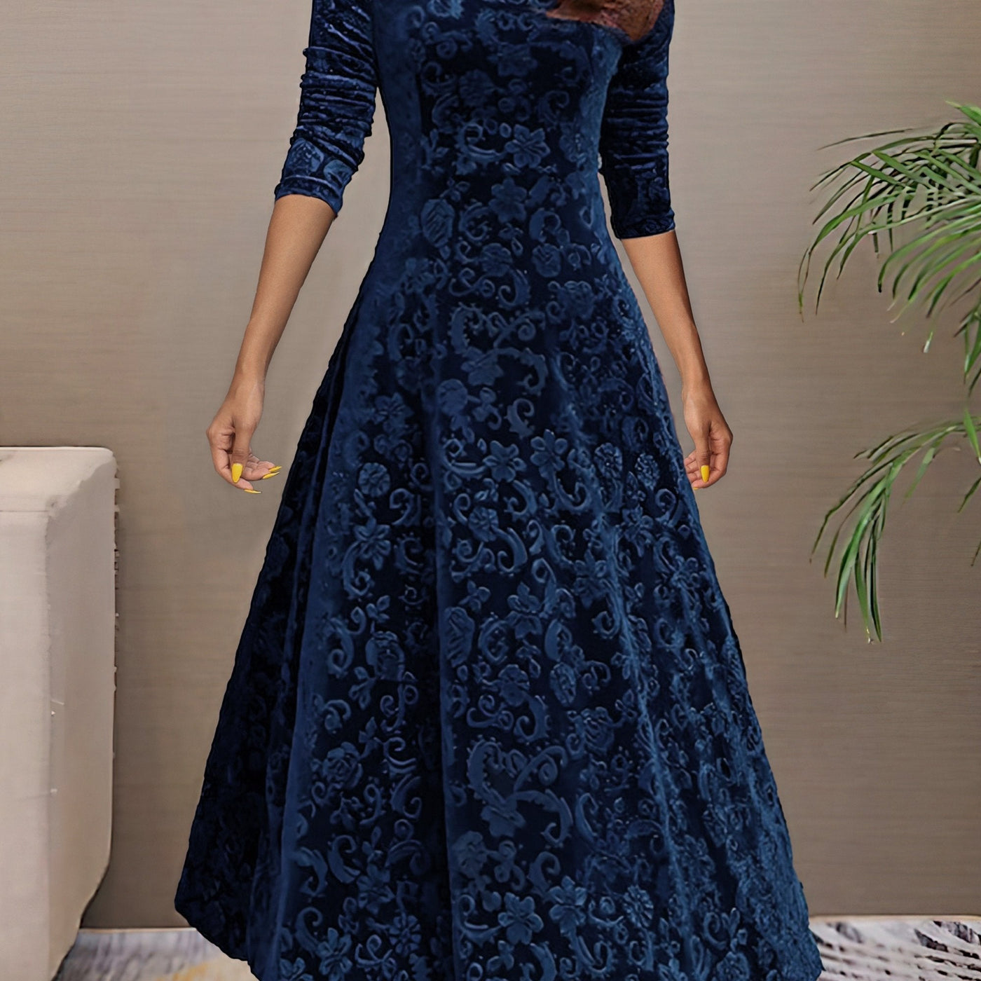 Floral Velvet V-Neck Long Sleeve Fit and Flare Midi Dress 9