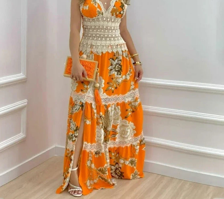Floral Print V-Neck Crochet Lace Waist Tiered High Split Maxi Dress