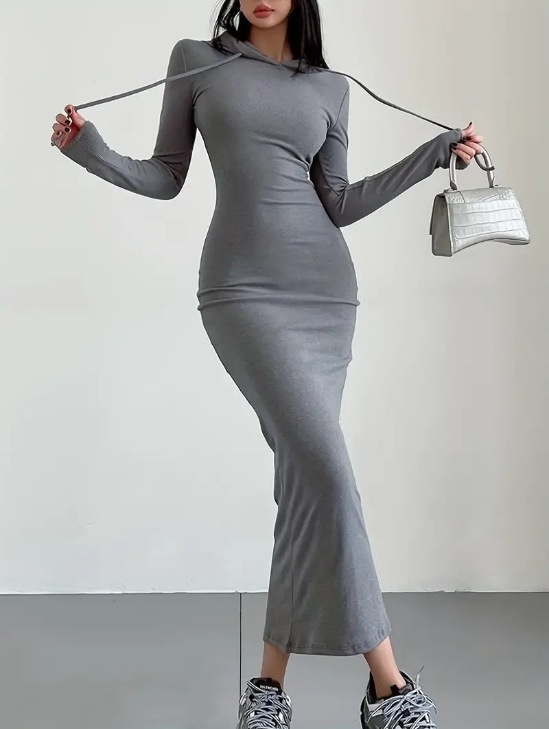 Hooded Drawstring Long Sleeve Bodycon Maxi Dress 4