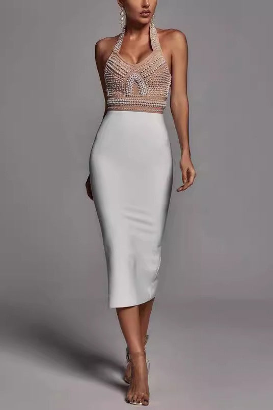 Pearl Beaded Halter Neck Faux Two-Piece Bodycon Midi Cocktail Dress