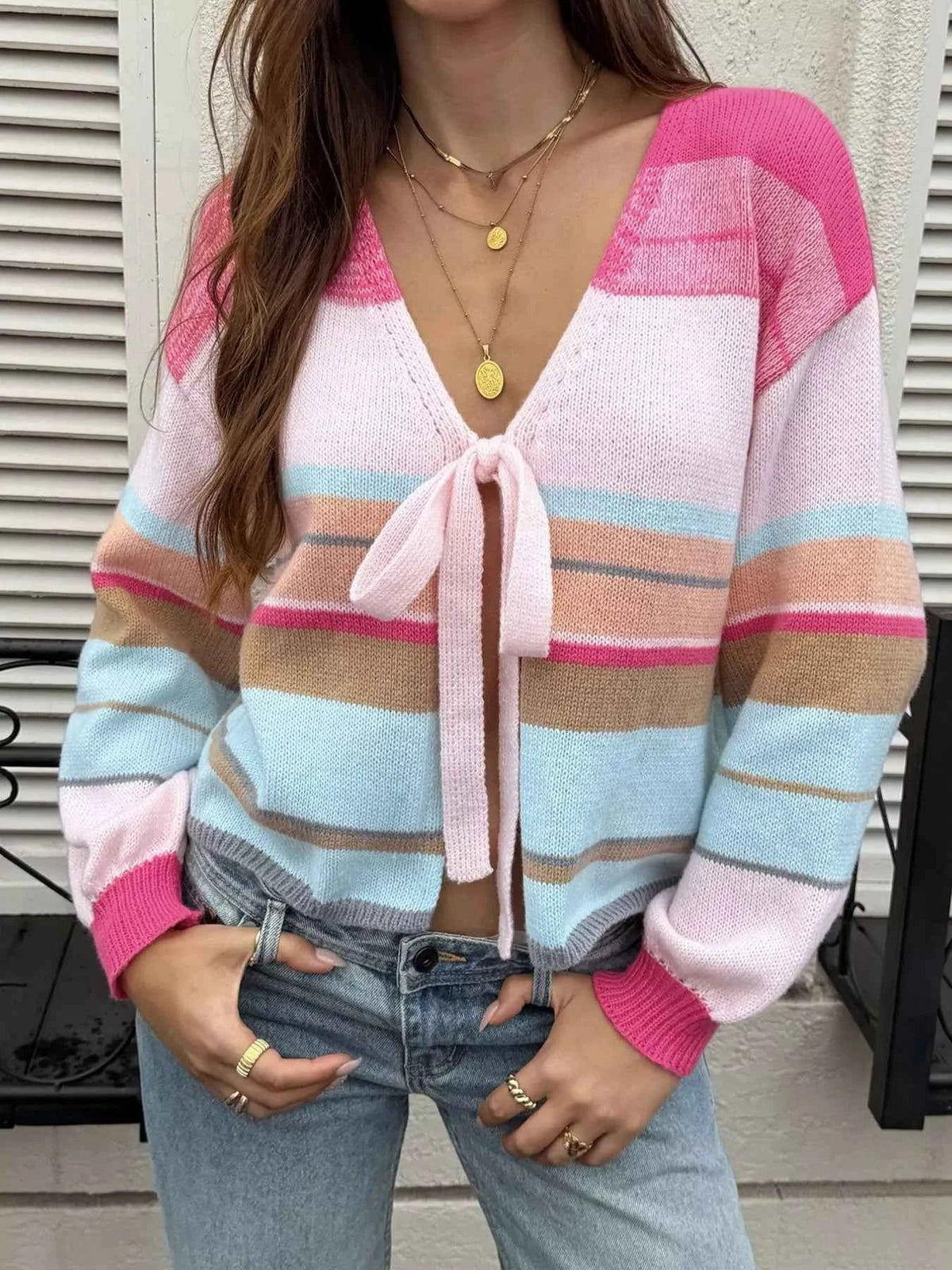 Striped Tie Front V-Neck Long Sleeve Cropped Knit Cardigan 4