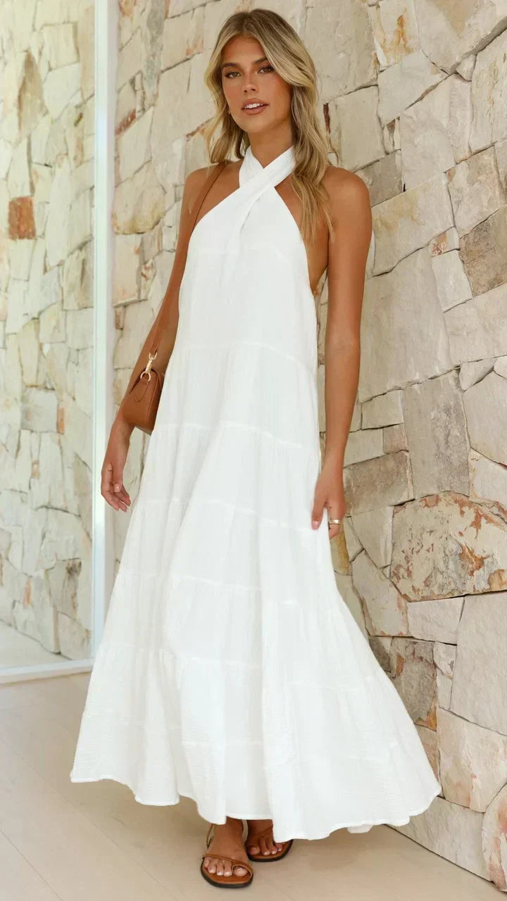 Halter Neck Tiered Crinkle Texture A-Line Maxi Summer Dress