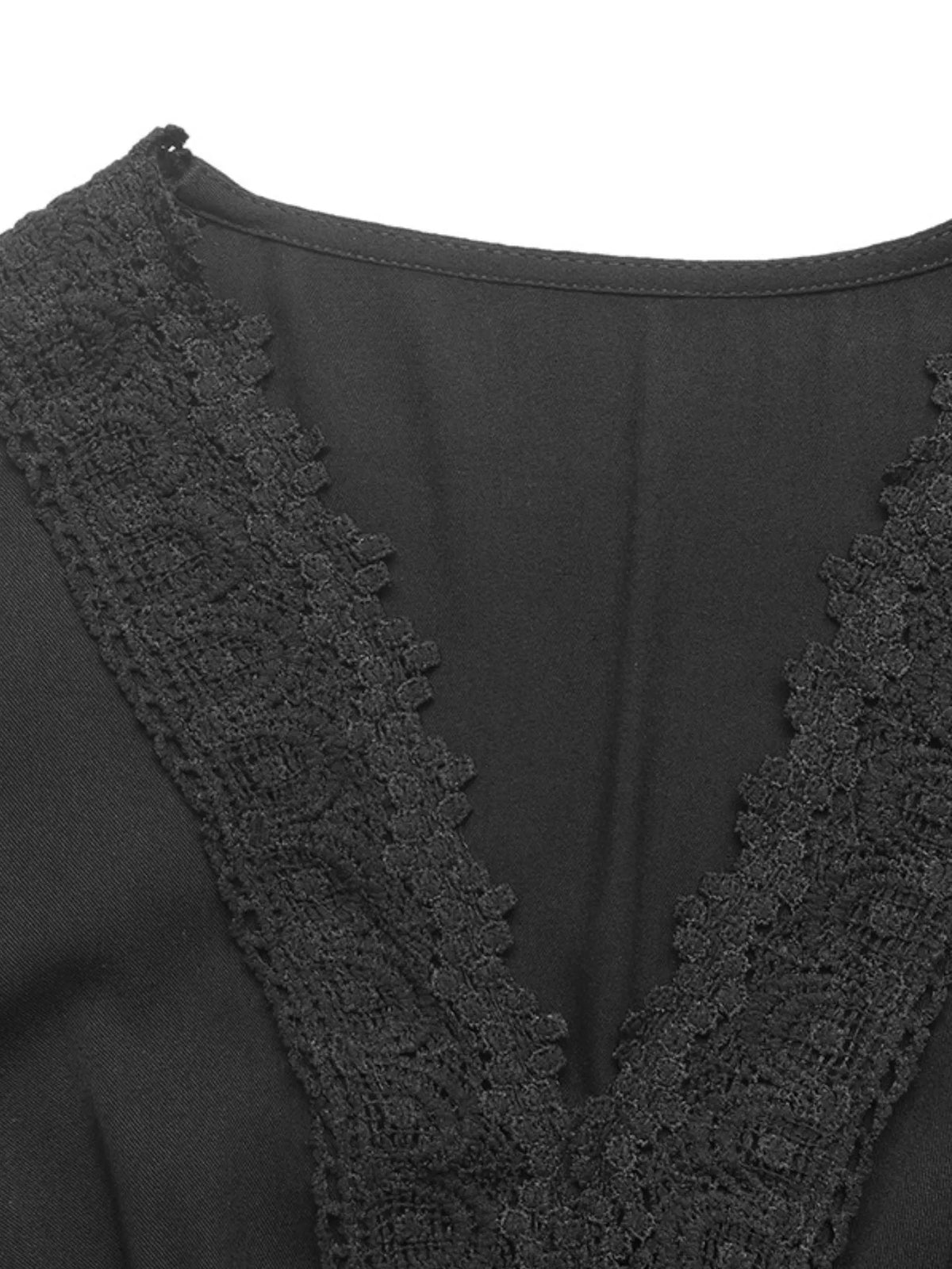Lace Trim V-Neck Lantern Sleeve Smocked Waist Tiered Midi Dress 7