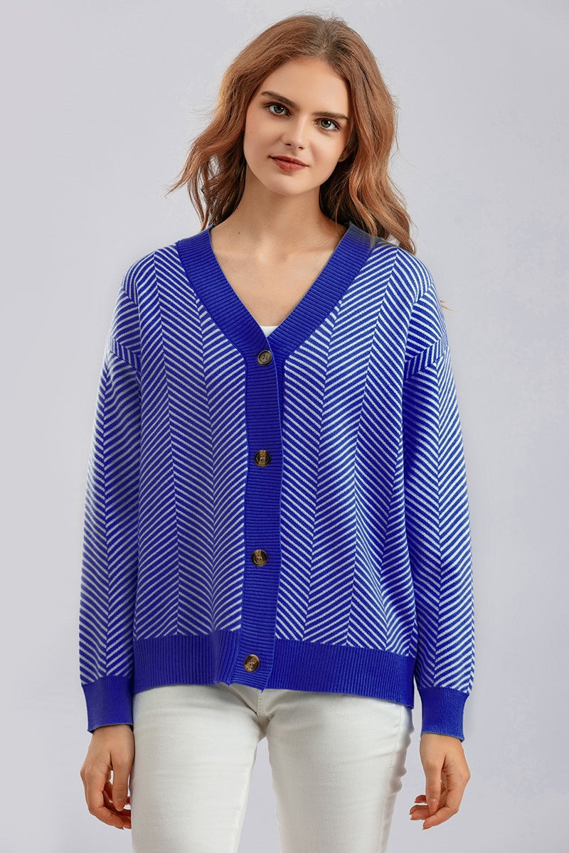 V-Neck Button Front Chevron Stripe Long Sleeve Knit Cardigan 6