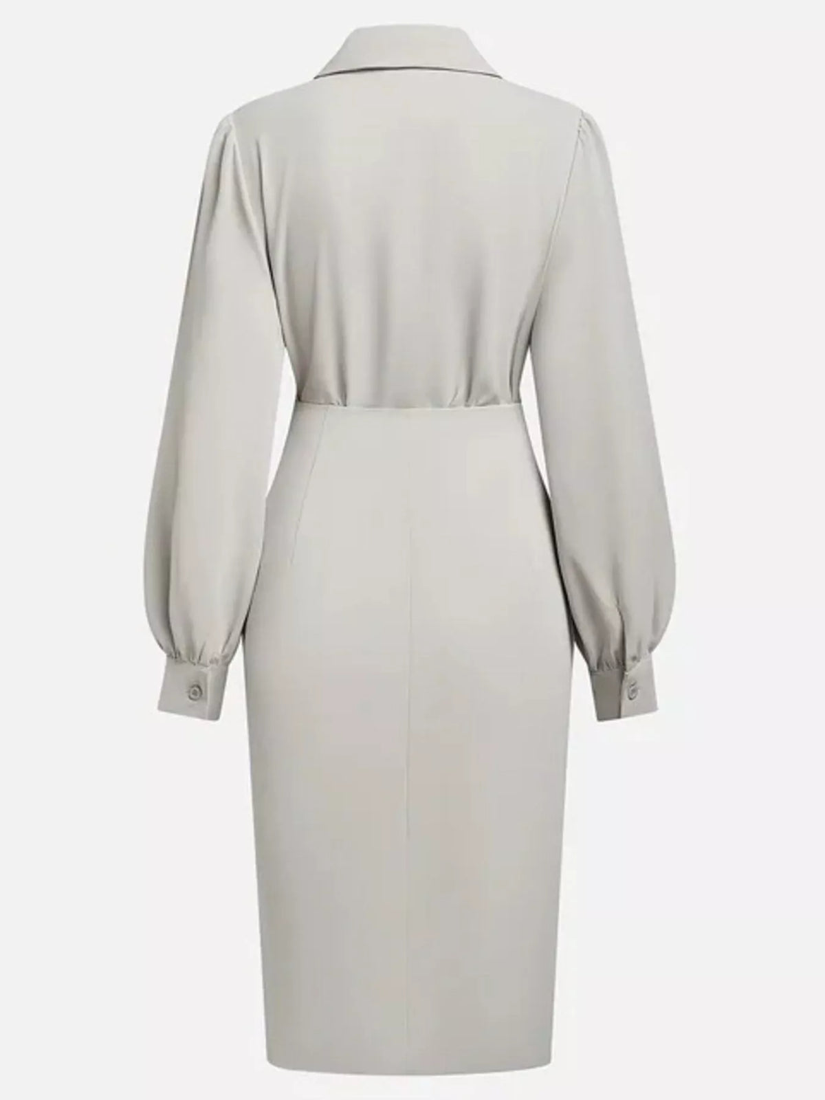 Collared V-Neck Puff Sleeve Ruched Side Slit Midi Shirt Dress 7