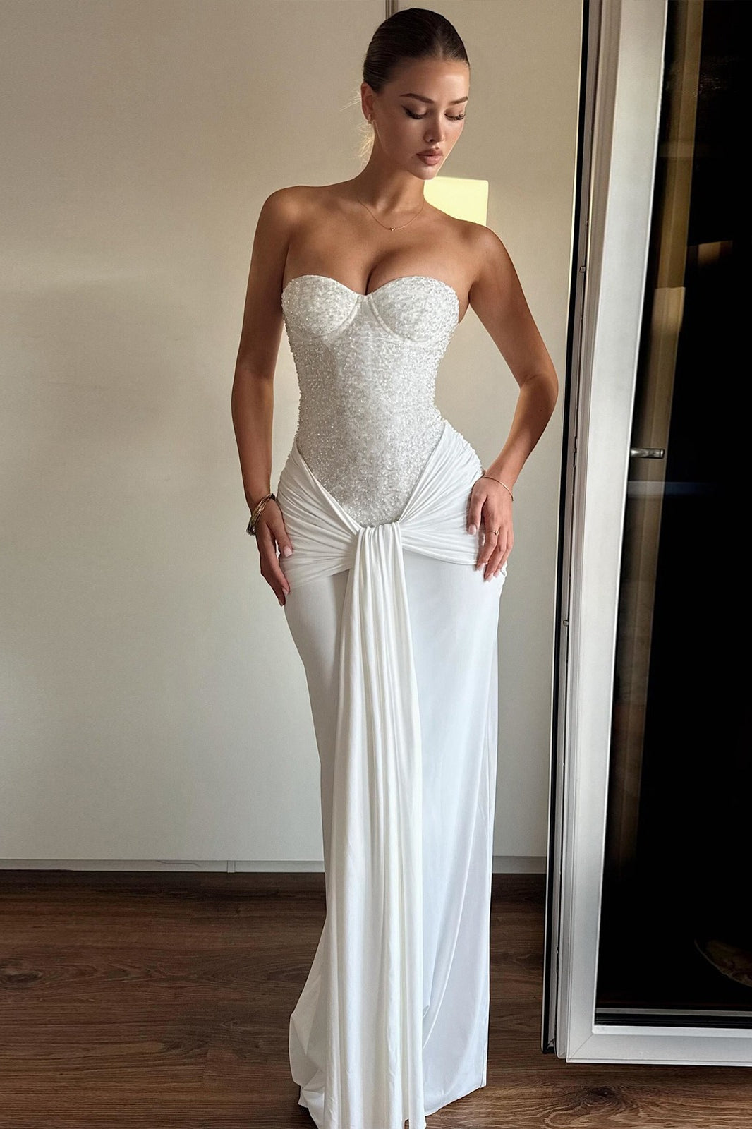 Strapless Beaded Corset Bodice Draped Knot Front Maxi Gown 2