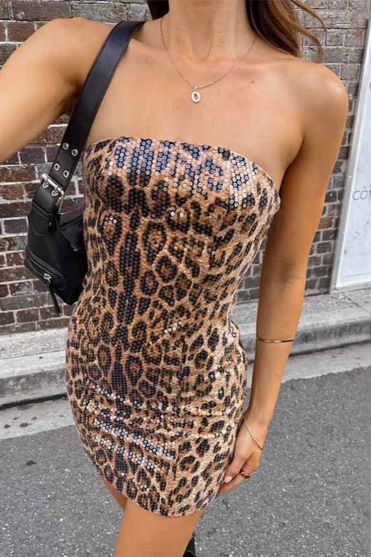 Leopard Sequin Strapless Bodycon Mini Dress