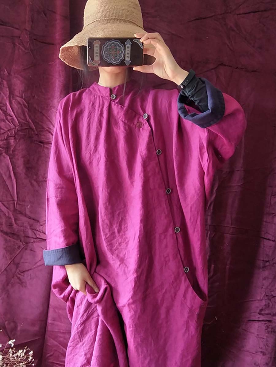 Mandarin Collar Long Sleeve Side Button Oversized Shirt Maxi Dress
