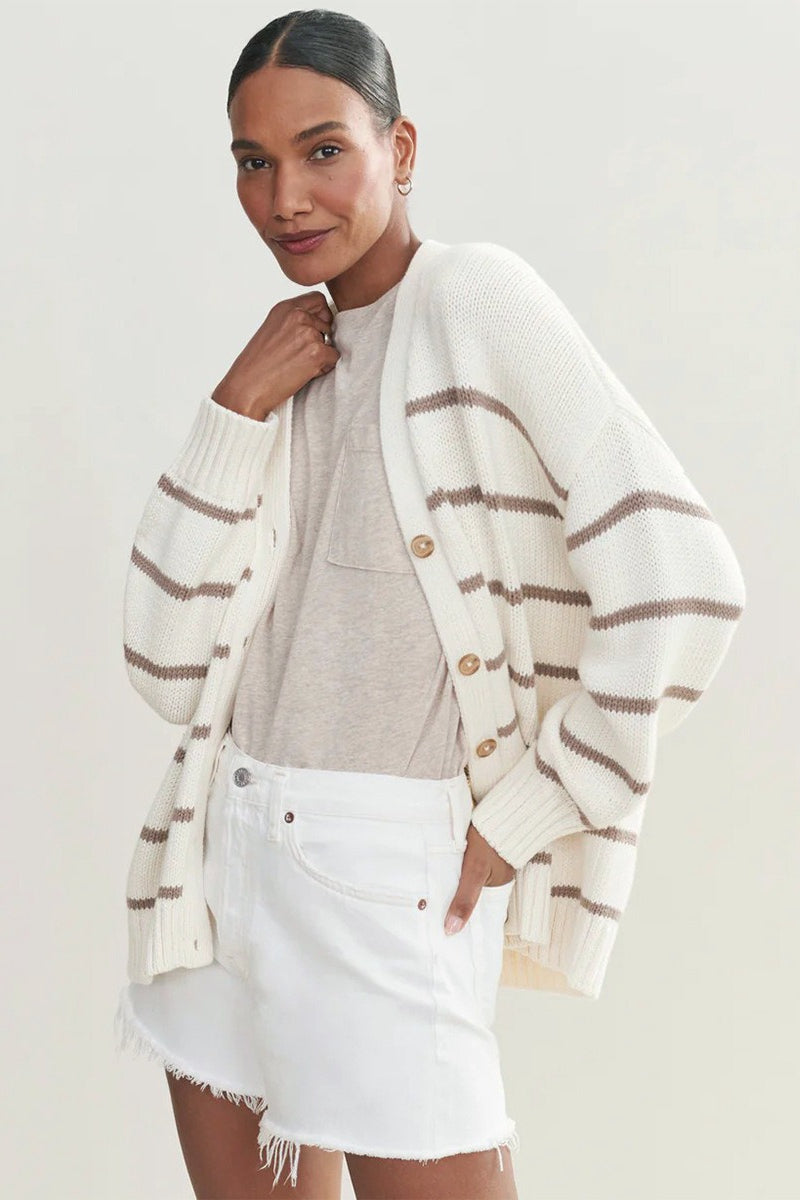 Striped V-Neck Drop Shoulder Button Front Oversized Longline Cardigan 3
