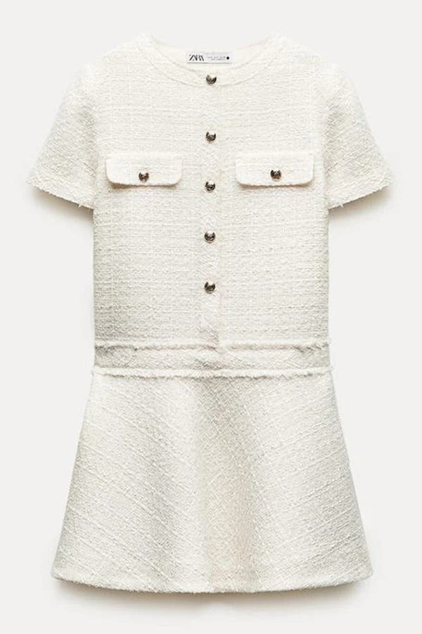 Textured Boucle Gold Button Short Sleeve A-Line Mini Dress