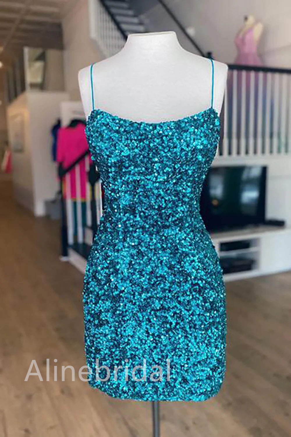 Sequin Straight Neck Spaghetti Strap Bodycon Short Homecoming Dress 3