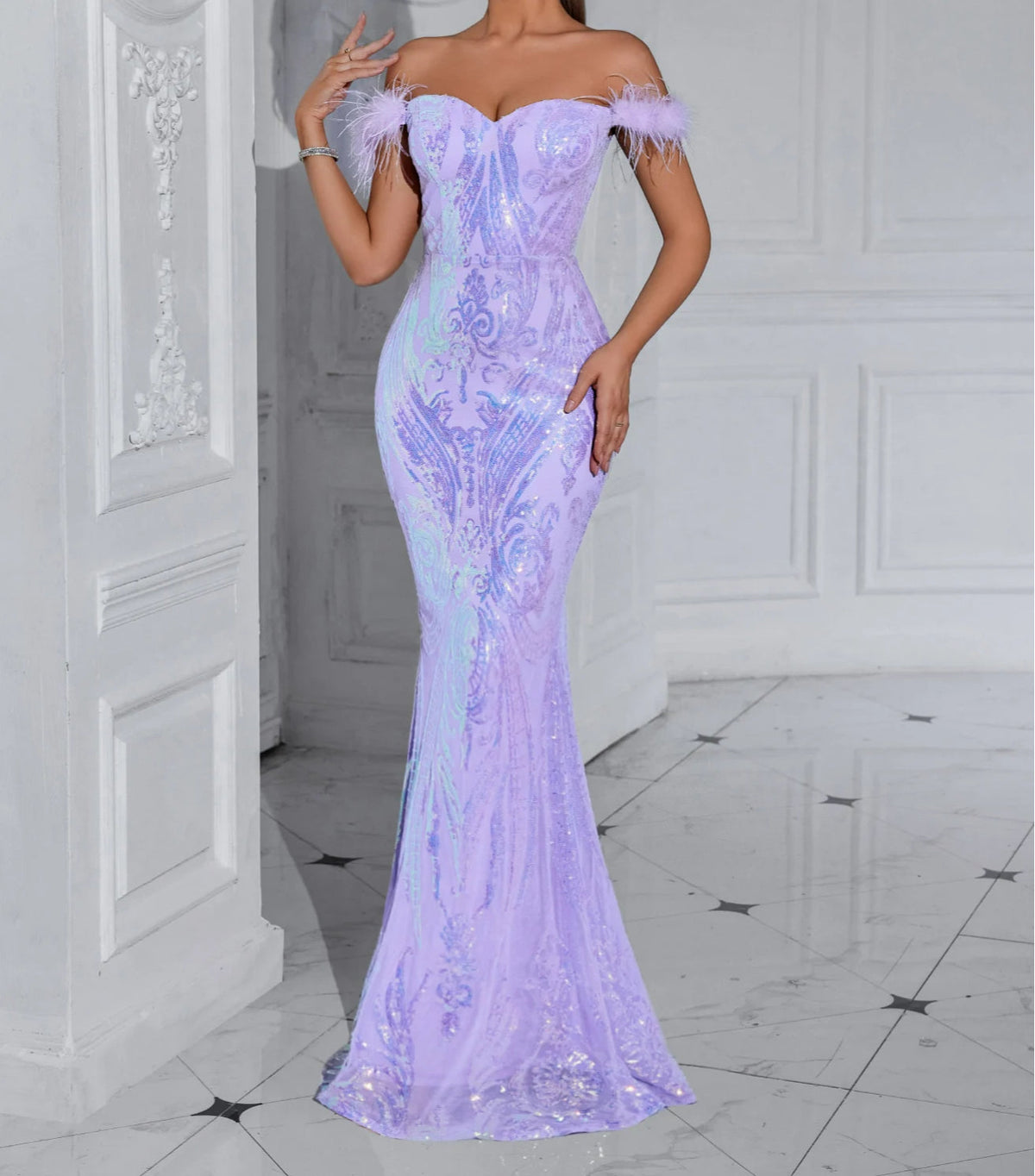 Sequin Off Shoulder Faux Feather Strap Sweetheart Mermaid Gown