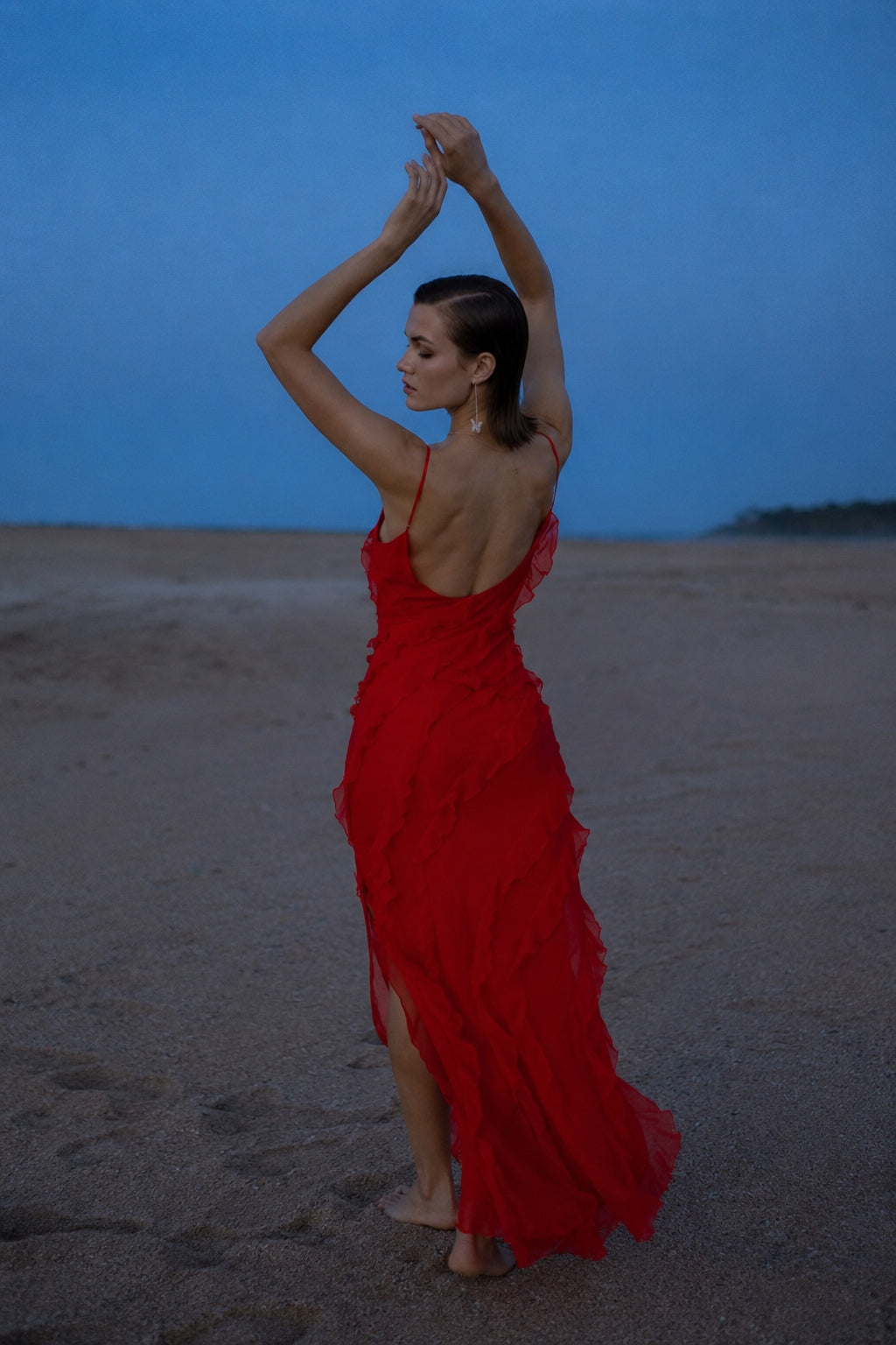 Chiffon Ruffle Open Back Split Slim Slip Dress
