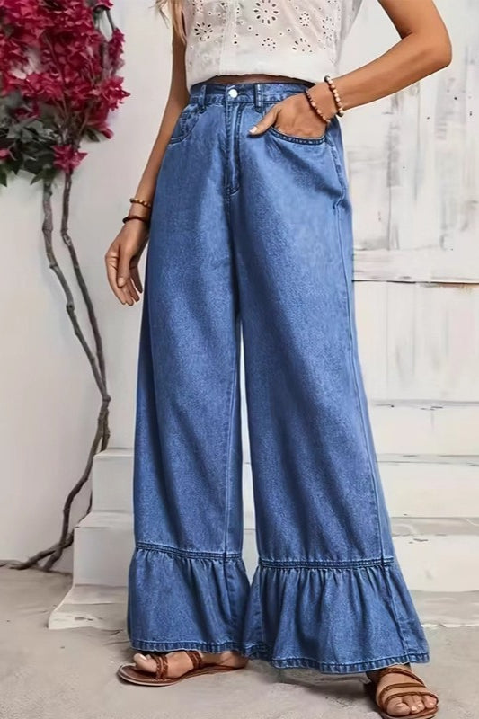 High Waist Ruffle Hem Wide Leg Loose Denim Jeans