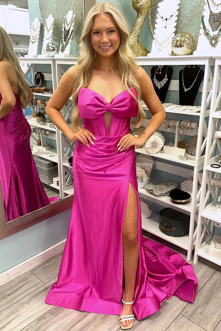 Sexy Sweetheart Sleeveless Sweep Train Mermaid Pleated Satin Long Prom Party Dress with Side Slit