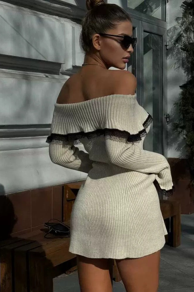 Lace-Trimmed Knit Off-Shoulder Mini Sweater Dress 2