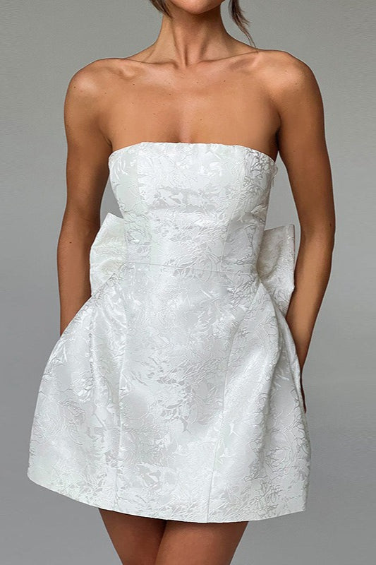 Jacquard Strapless Bow Back Fit and Flare Mini Dress