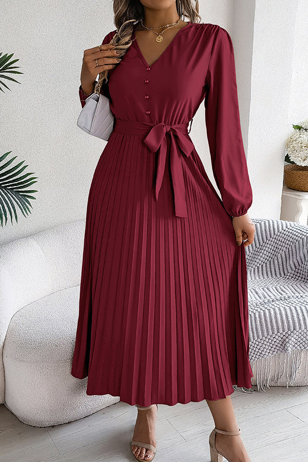 Solid Color Elegant V-neck Buttoned Lace-up Pleated Maxi Dress 28