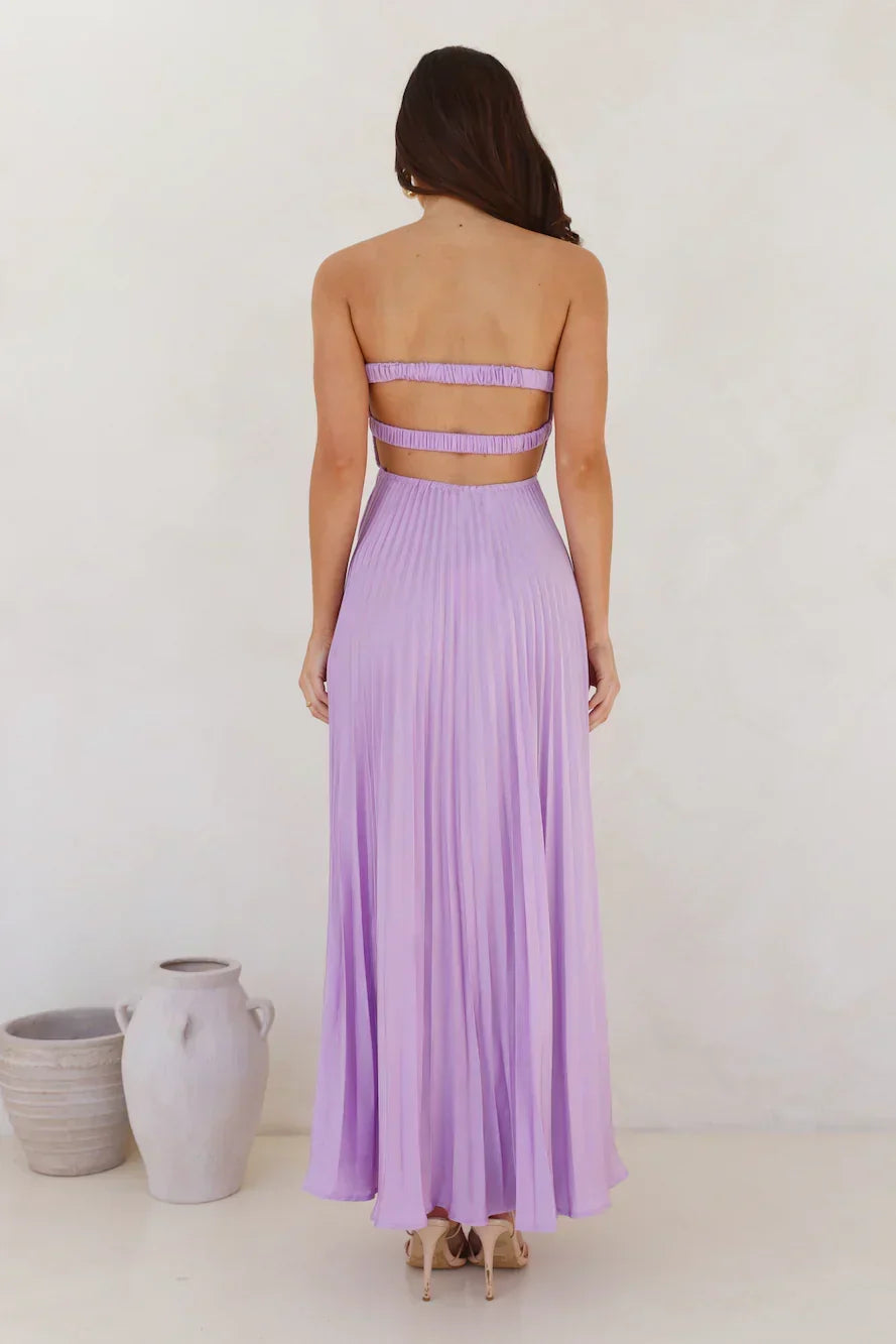 Satin Strapless Twist Front Cut Out Pleated Maxi Dress 6