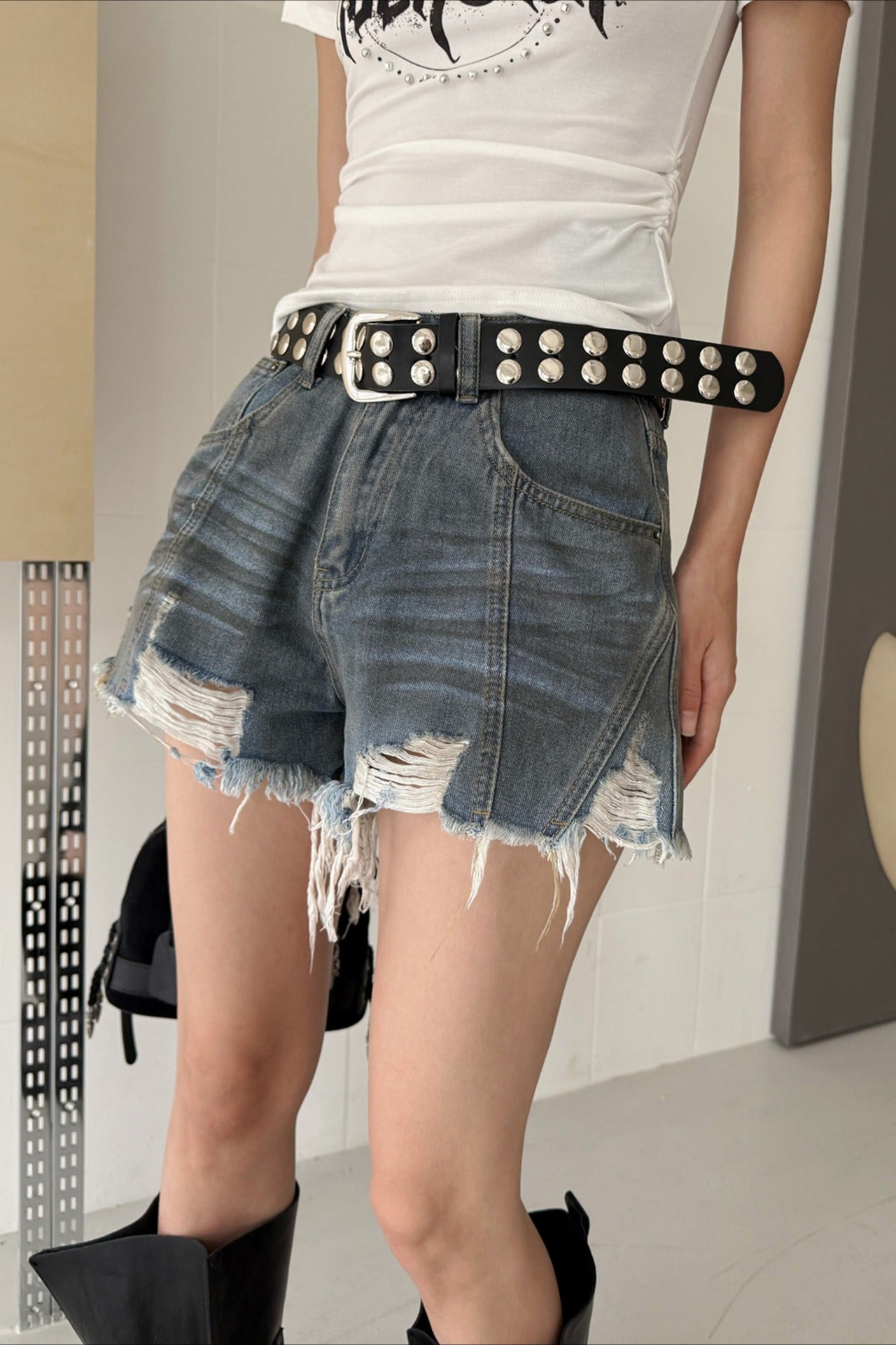 Ripped High Rise A Line Denim Shorts