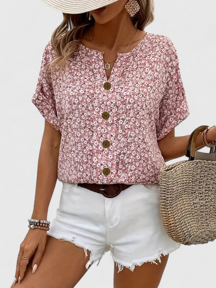 Floral Button Front Short Sleeve Blouse