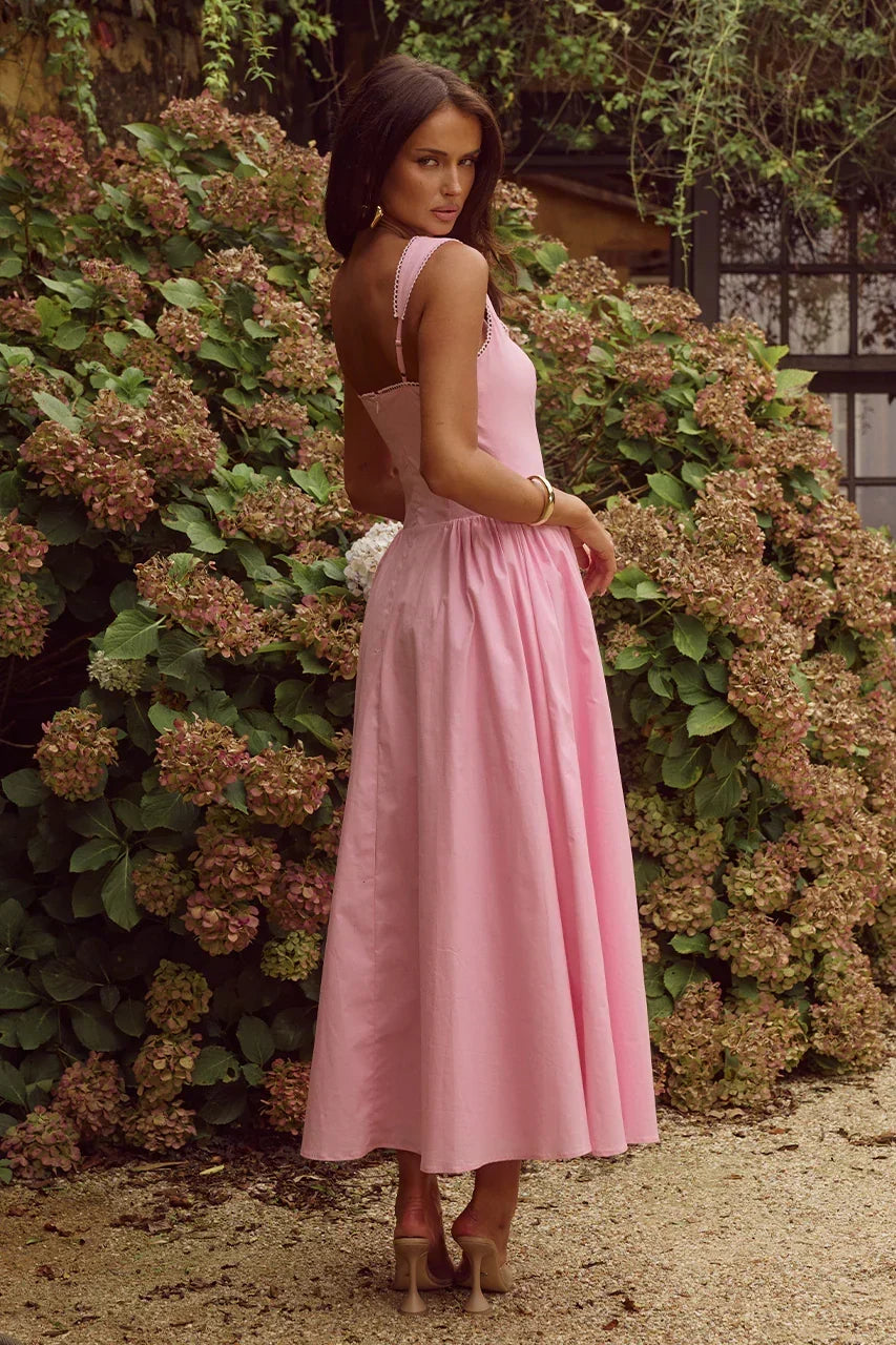 Square Neck Stitch Trim Drop Waist Pleated Midi Dress 2