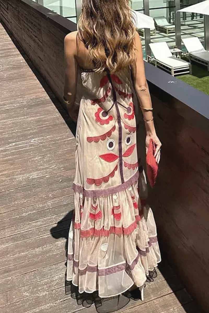Embroidered Folk Motif Square Neck Spaghetti Strap Tiered Tulle Hem Maxi Dress