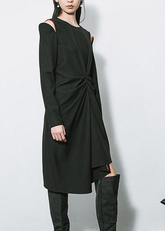 Long Sleeve Pointed Shoulder Cold Shoulder Twisted Drape Asymmetrical Midi Dress