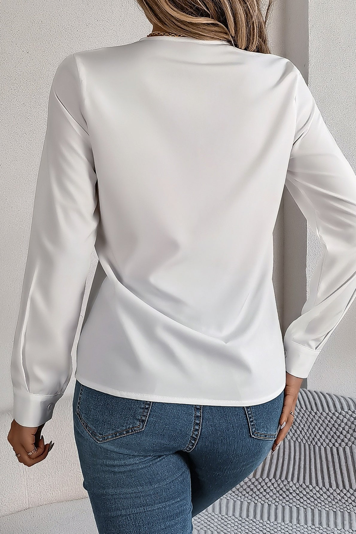 Solid Color Layered V Neck Elegant Long Sleeve Blouse