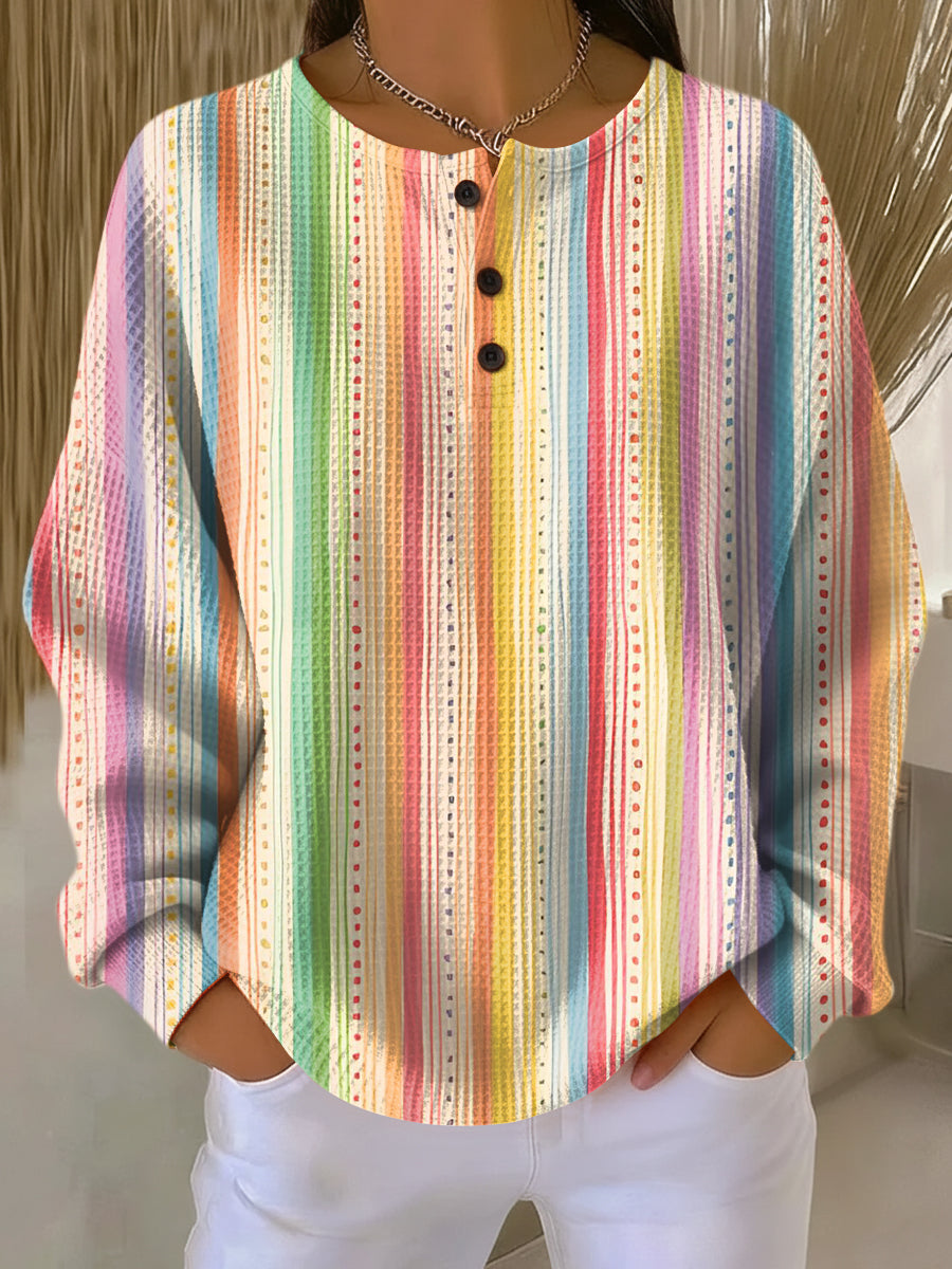 Striped Waffle Knit Button Placket Long Sleeve Top