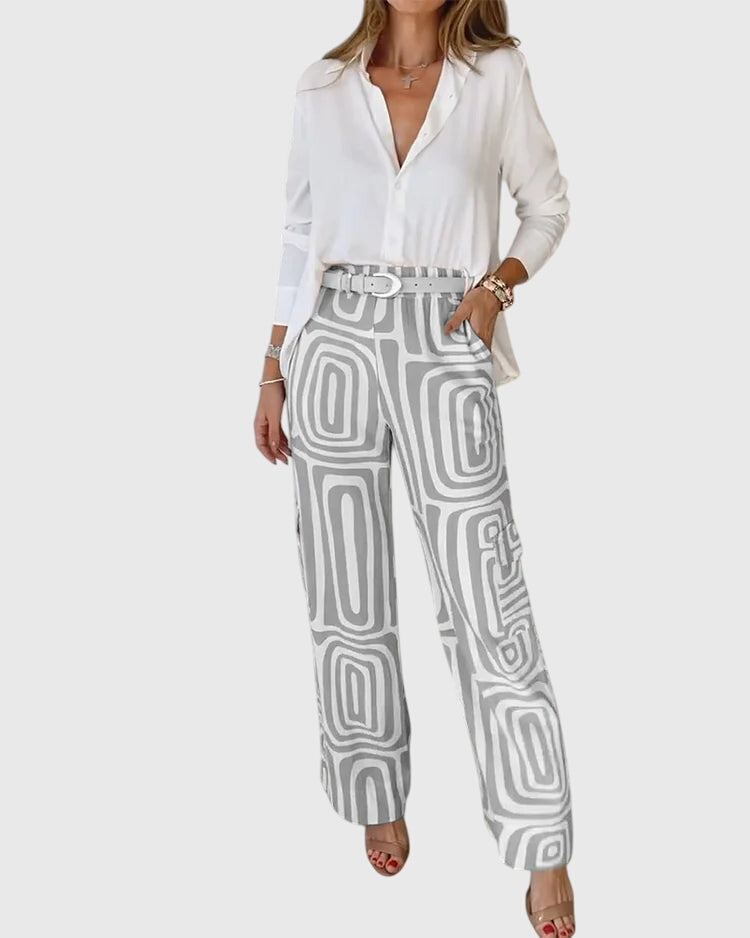 Long Sleeve Shirt and Geometric Print Wide Leg Pants Two Piece Set