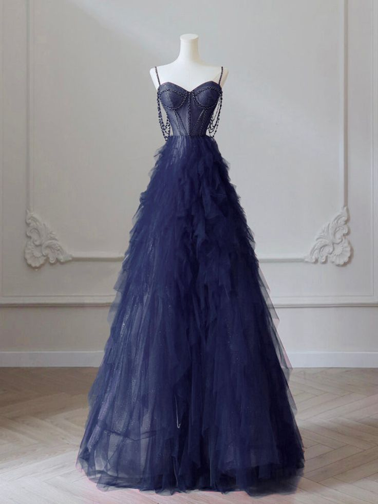 Pretty Sweetheart Neck Navy Blue Prom Dress, Tulle Beaded Long Graduation Dress Ball Gown cc1658