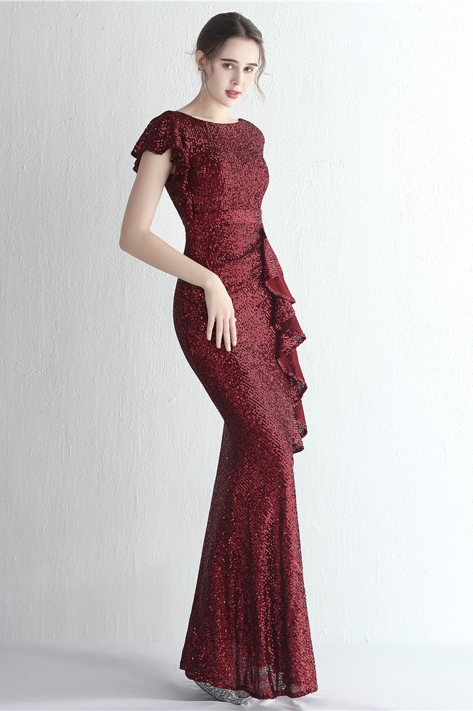 Sequin High Neck Cap Sleeve Ruffle High Split Mermaid Gown