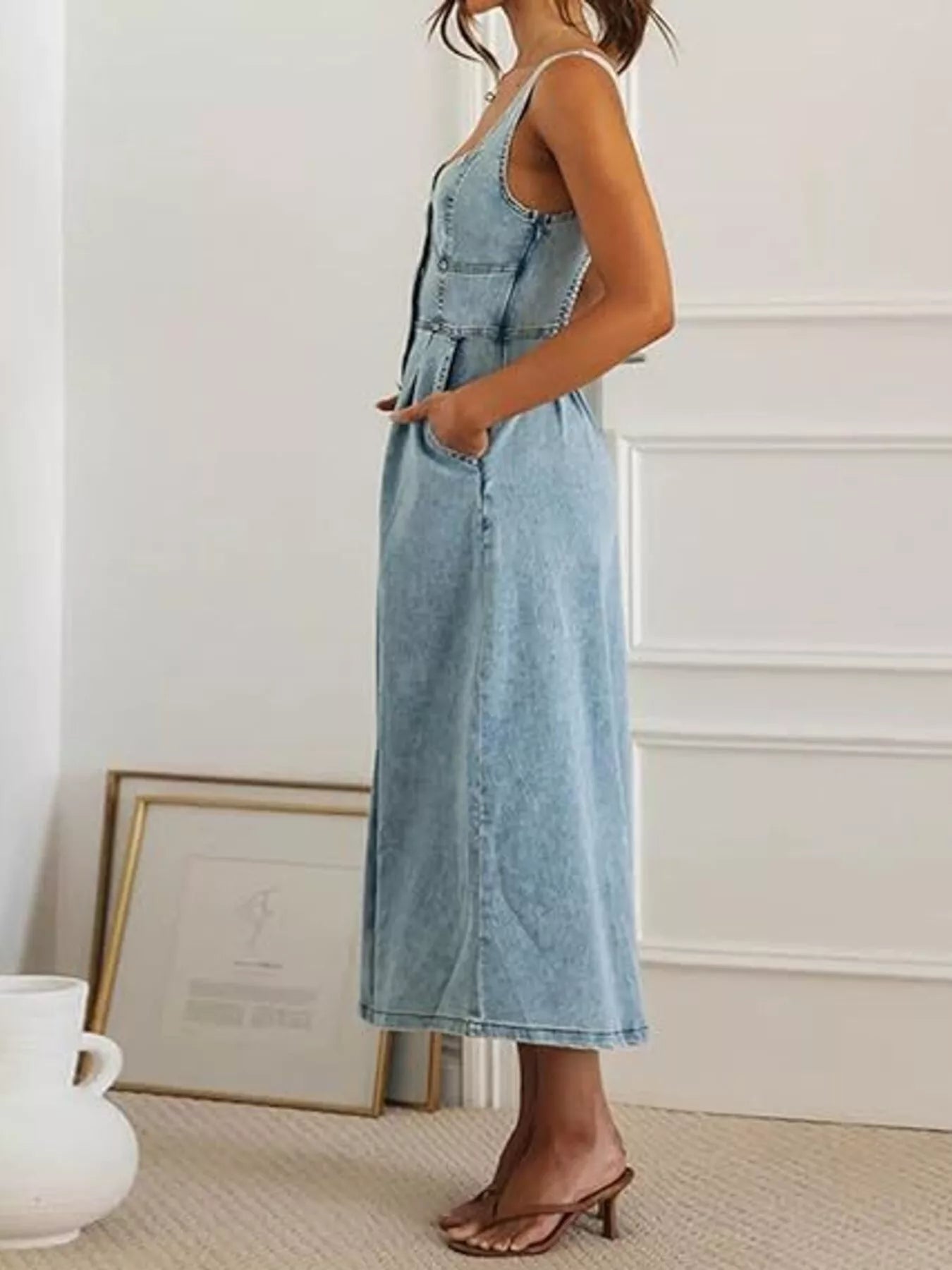 Smocked Back Button Front Denim Midi Dress