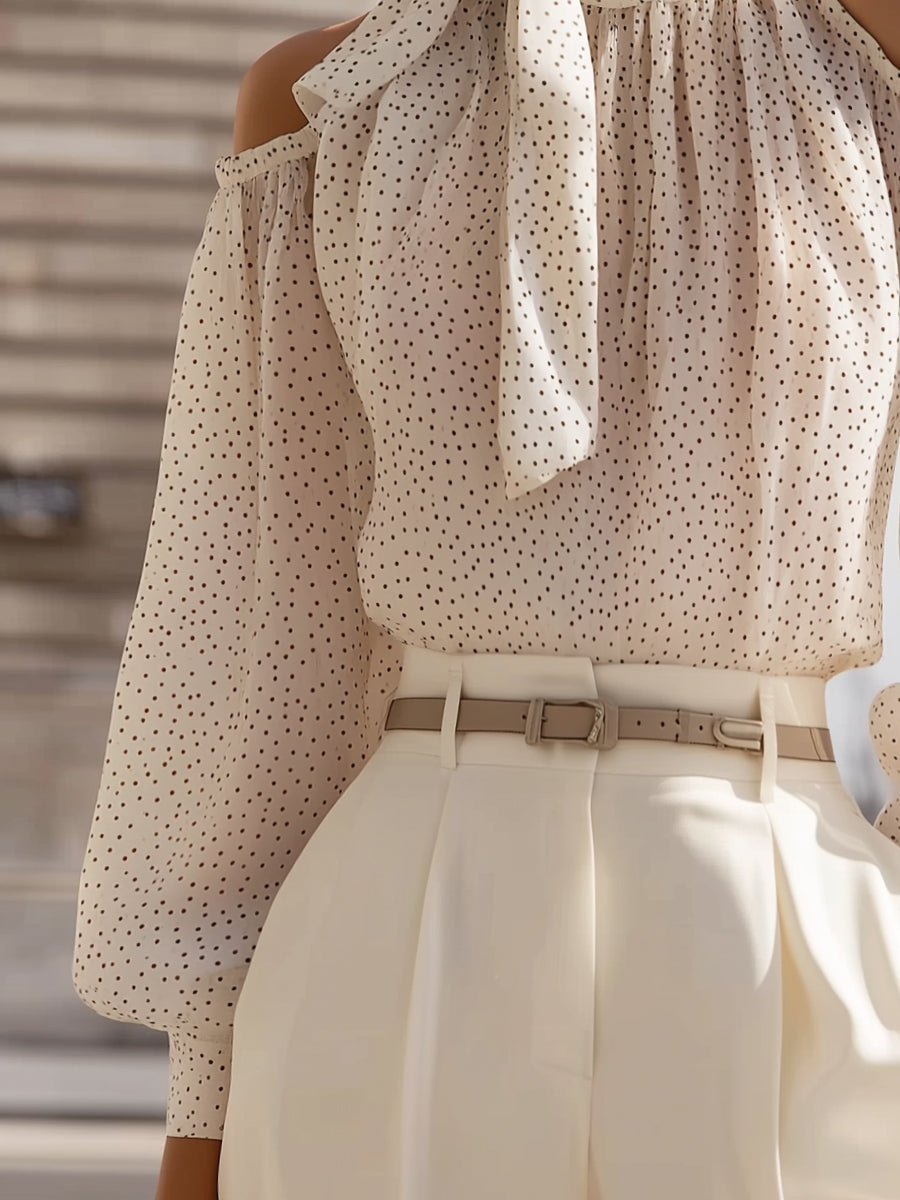 Polka Dot Cold Shoulder Scarf Tie Long Sleeve Blouse