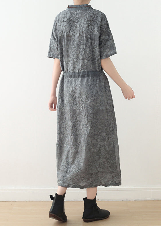 Floral Damask Mandarin Collar Short Sleeve Toggle Button Oversized Maxi Dress