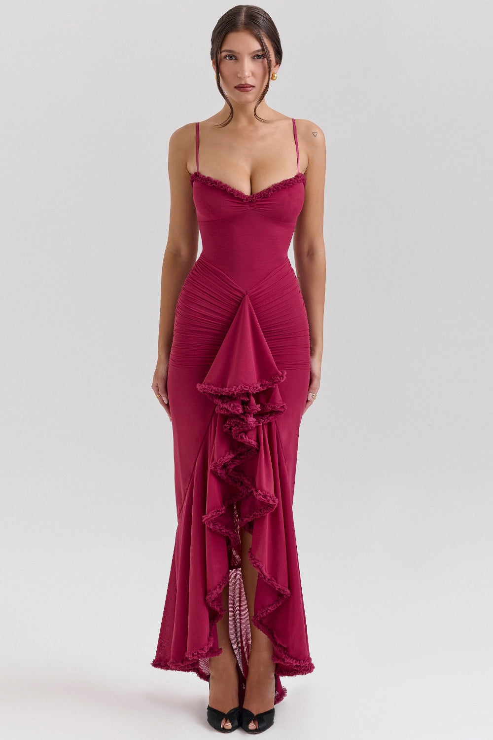 Spaghetti Strap Ruffle Trim High Low Asymmetrical Mini Party Dress