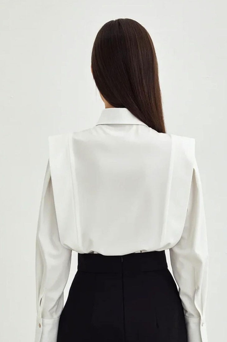 Pleated Shoulder Panel Collared Button Front Long Sleeve Shirt 4