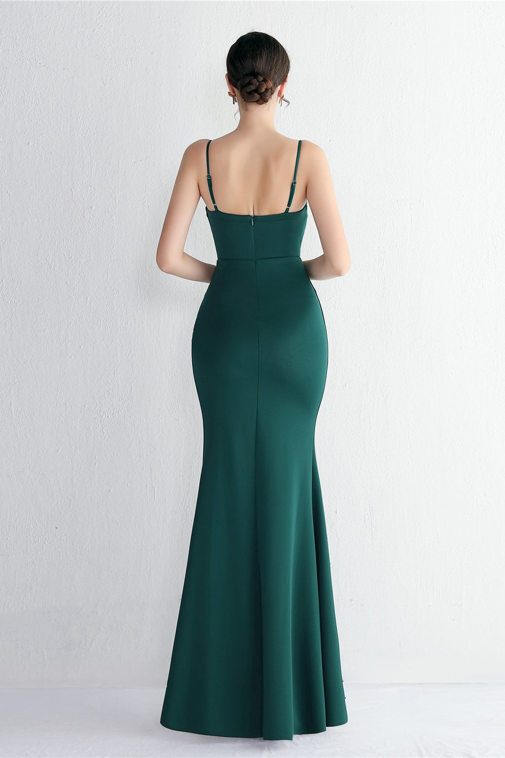 Satin Spaghetti Strap V-Neck Ruched High Split Maxi Gown