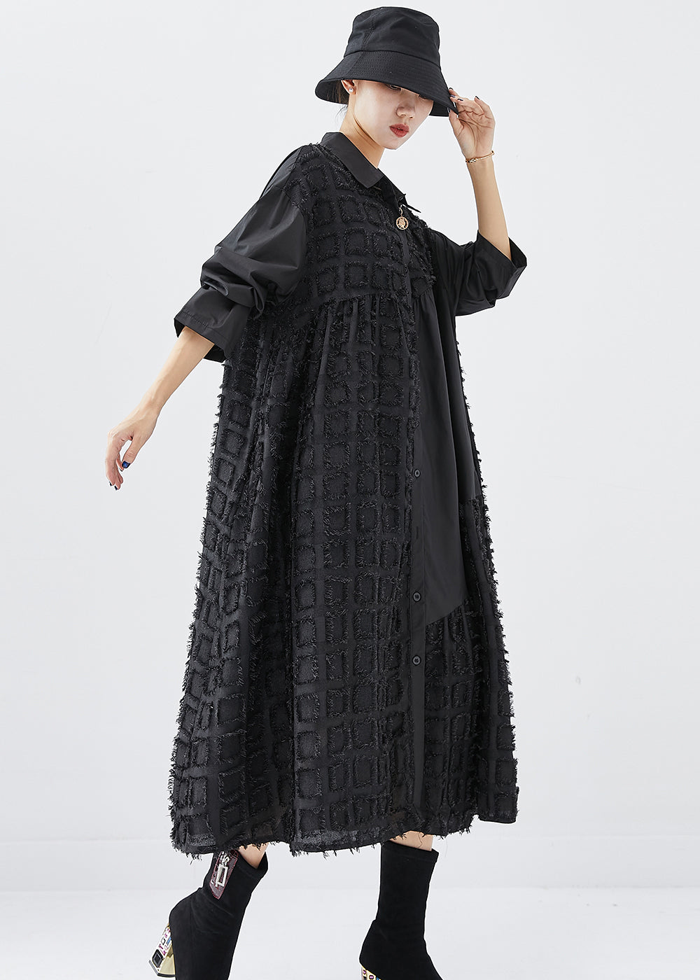 Oversized Button Front Collar Textured Grid Patchwork Midi Shirt Dress