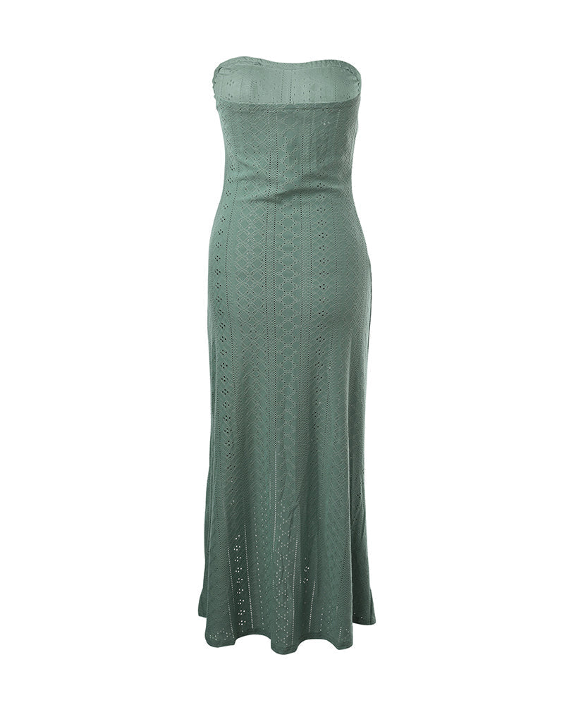 Strapless Eyelet Ruched High Split Midi Dress Summer 13