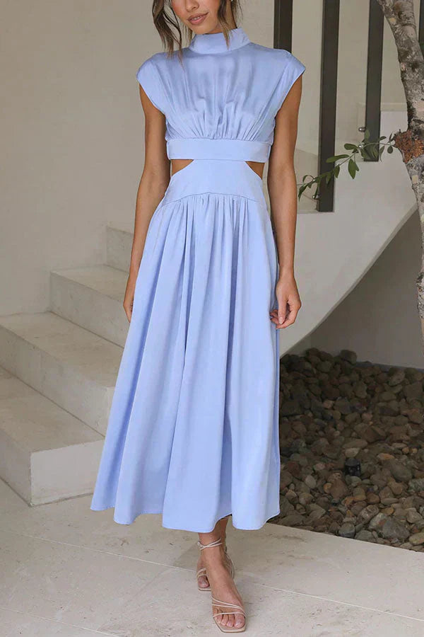 Sleeveless Mock Neck Side Cut Out Pleated Maxi Dress