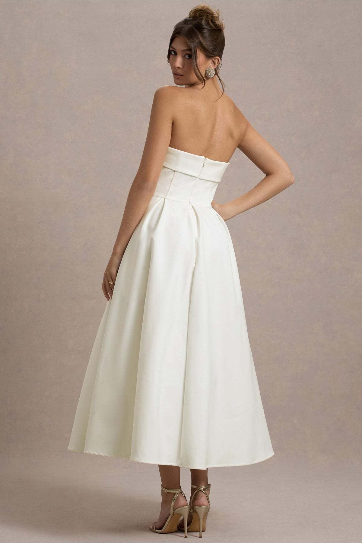 Strapless Fold Over Neck Box Pleat A-Line Midi Cocktail Dress