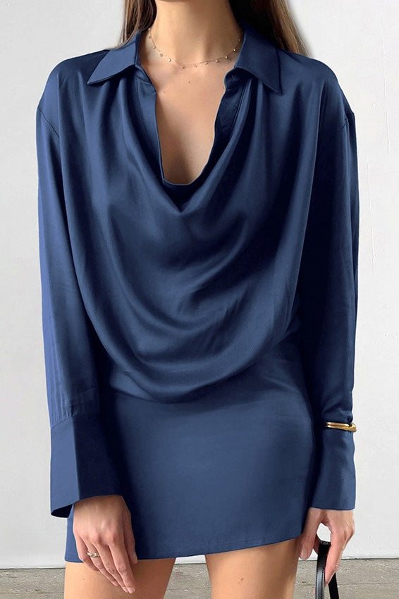 Satin Collared Draped Cowl Neck Long Sleeve Mini Shirt Dress