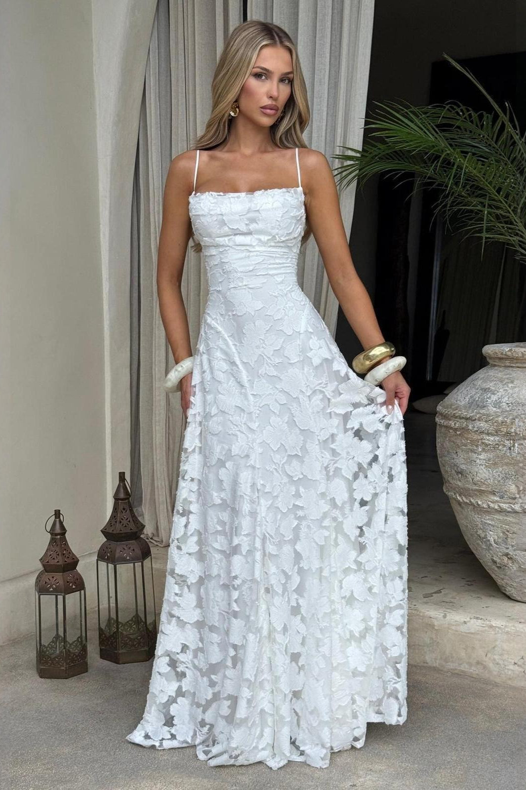 Floral Burnout Lace Spaghetti Strap Straight Neck A-Line Maxi Dress