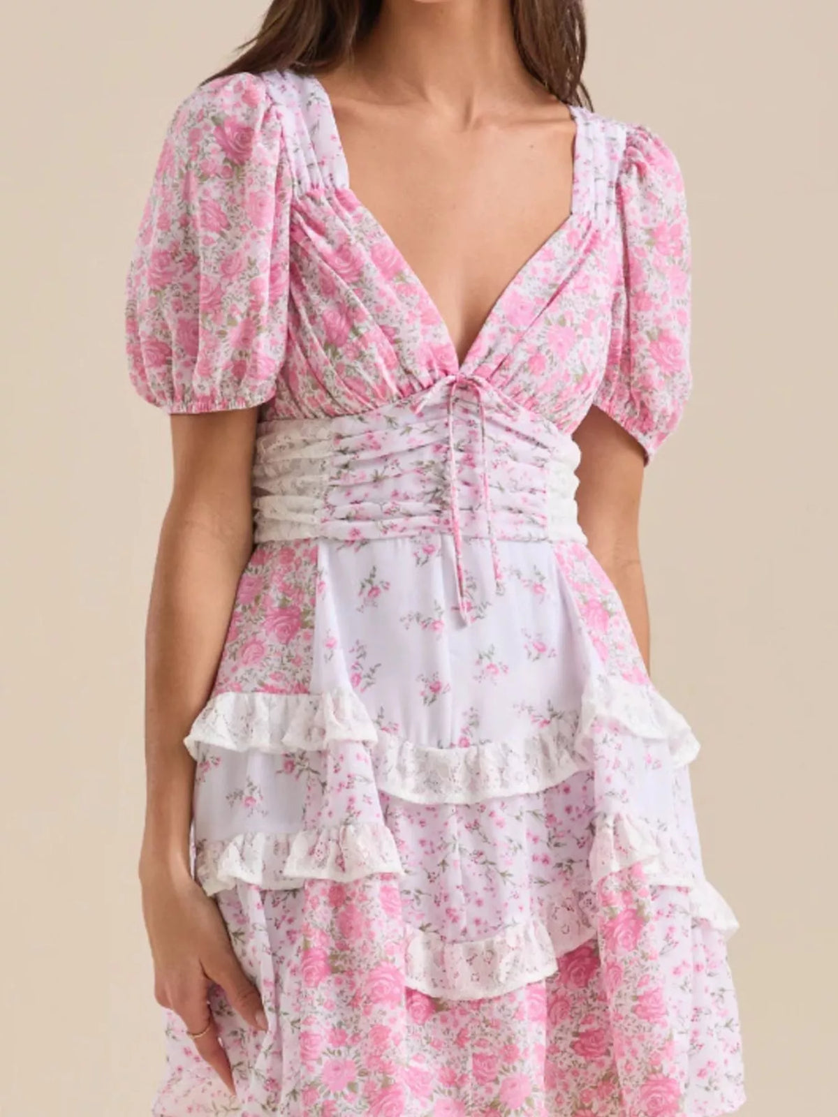 Floral Print Lace Trim Sweetheart Puff Sleeve Tiered Mini Dress 18