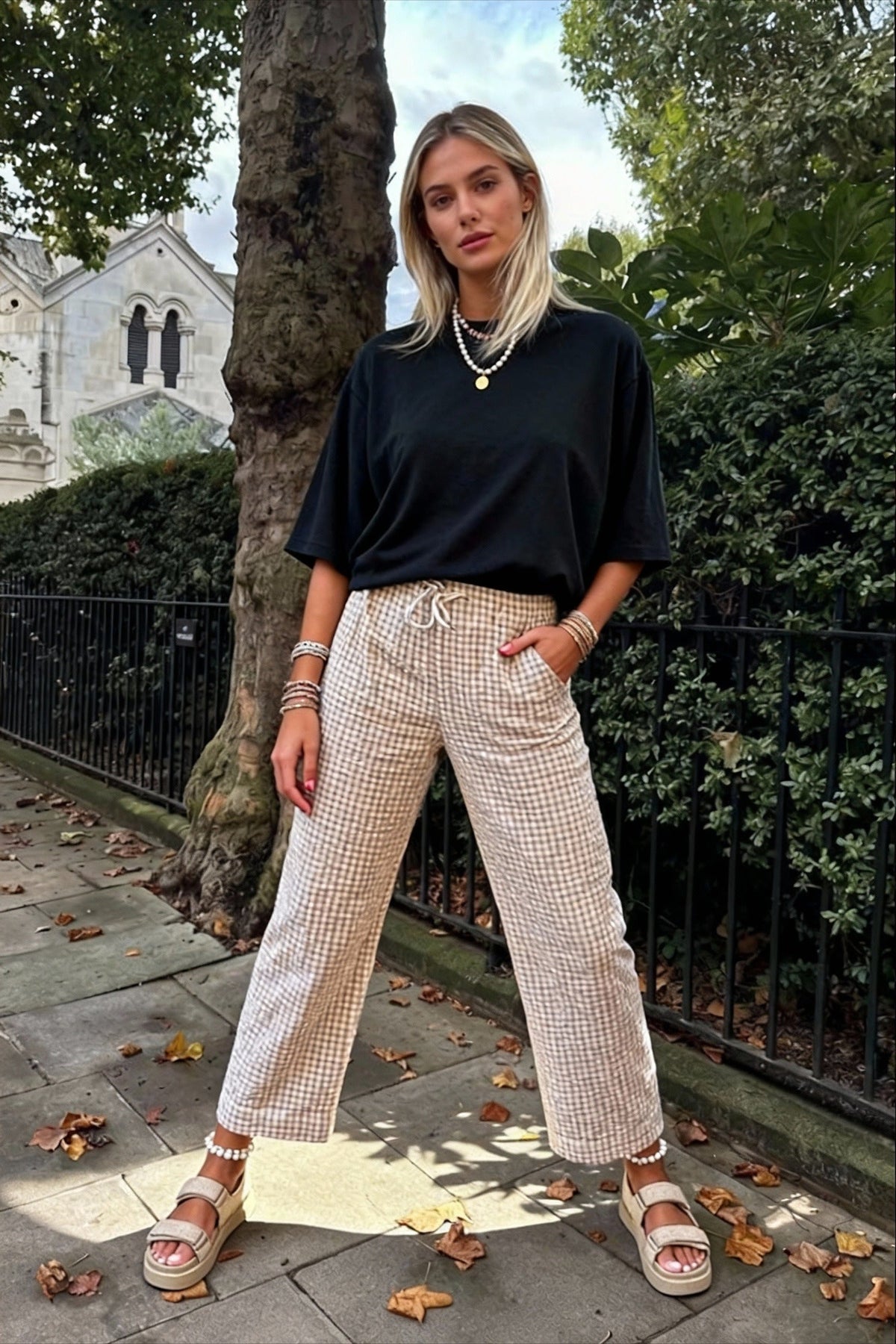 Gingham Drawstring Elastic Waist Wide Leg Lounge Pants 3