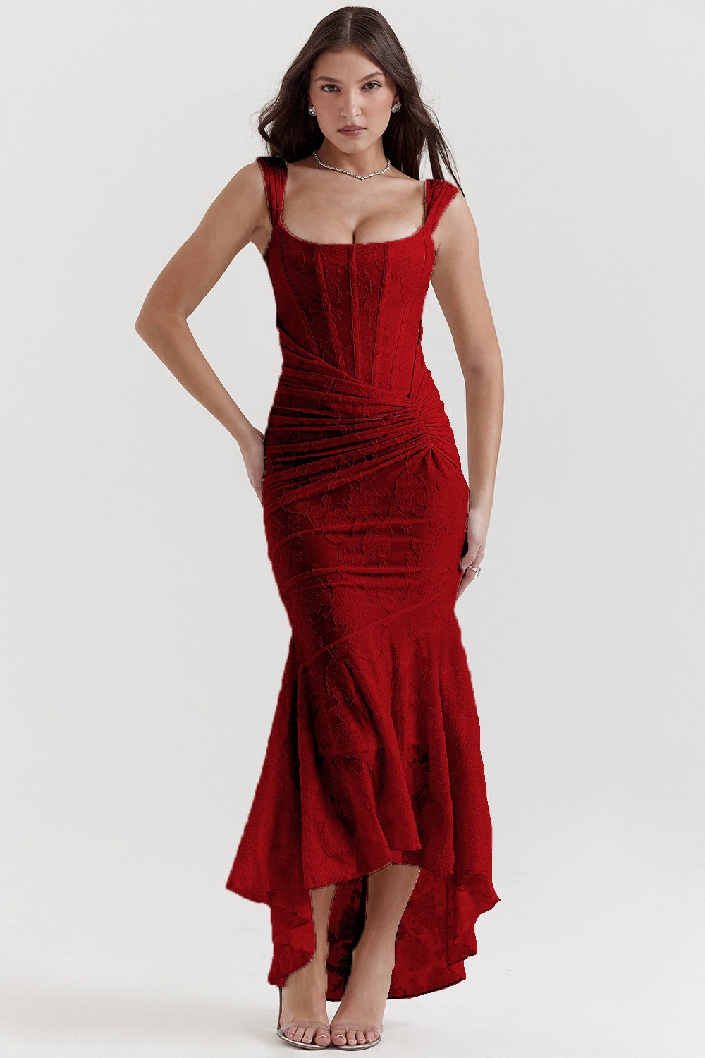 Jacquard Square Neck Corset Ruched Mermaid Gown